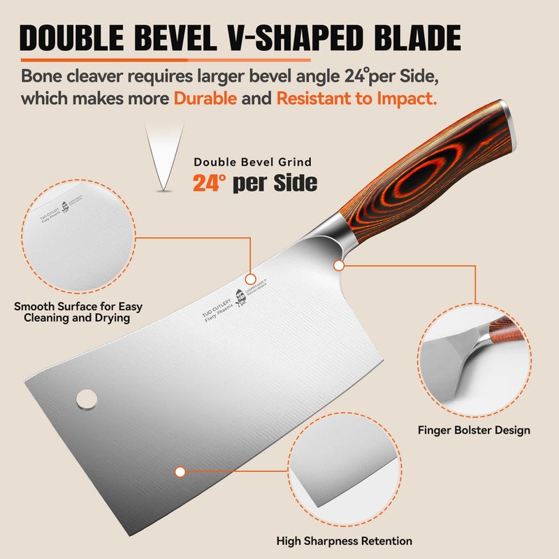 TUO ساطور لحم TUO، 7 بوصة، قاطع عظام ثقيل، سكين جزار من الفولاذ المقاوم للصدأ الألماني عالي الكربون، مقبض باكاوود، سكين تقطيع مطبخ مع صندوق هدايا - سلسلة فينيق الناري - Image 5